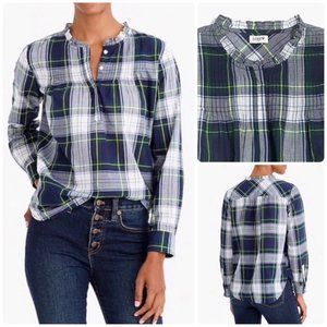 J Crew Plaid Pleated Long Sleeve Pullover, sz 2, Blue, Ruffle Collar, NWT